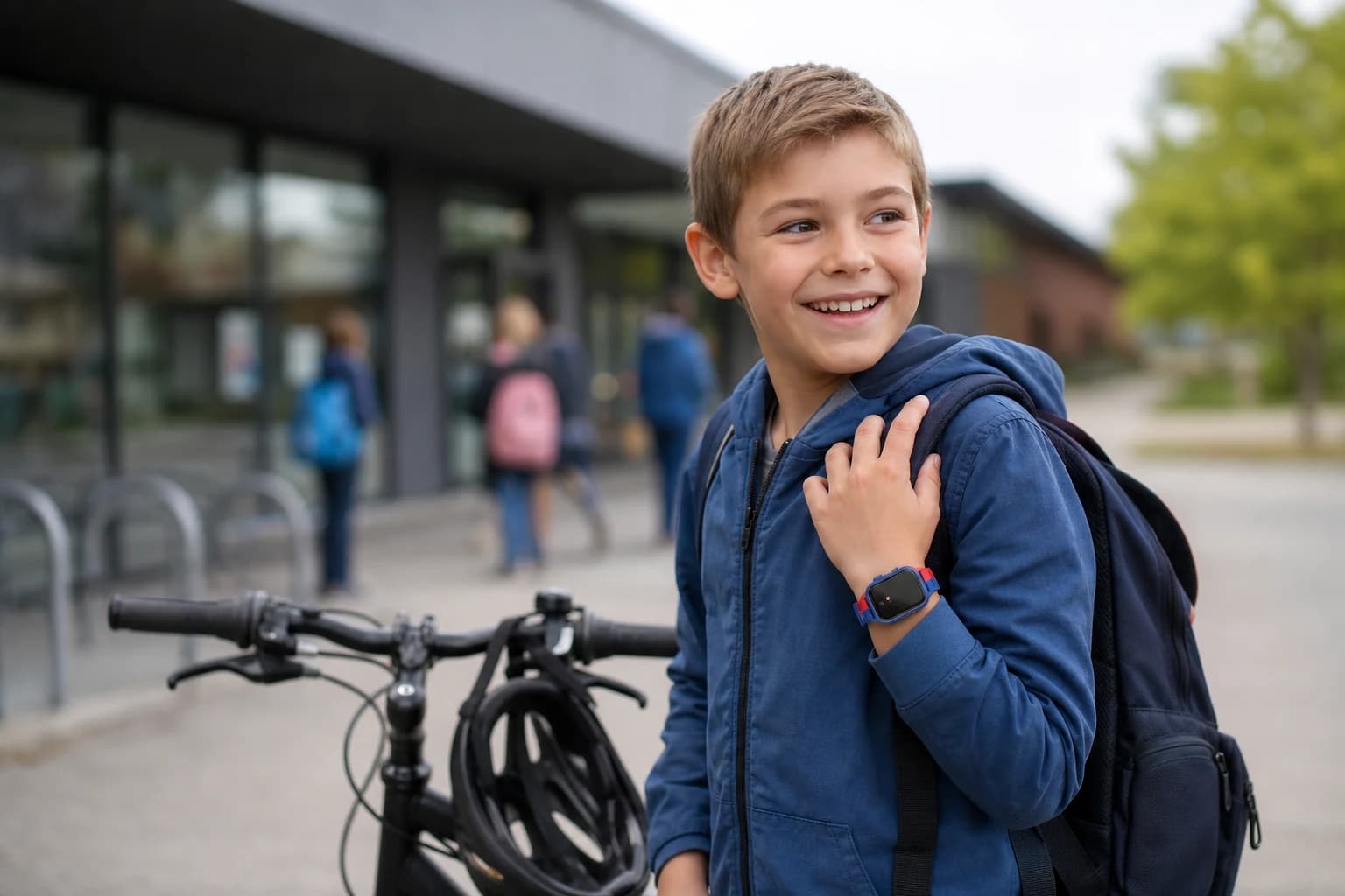 Kind komt met de fiets aan bij school en draagt de rood-blauwe Lagenio K9